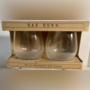 RAE DUNN By Enchante Yours & Mine Set of 2 Stemless Wine Glasses New In Box!